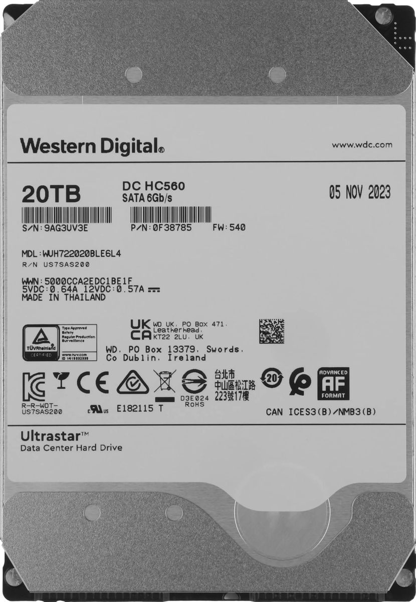 Жесткий диск WD Ultrastar DC HC560 WUH722020BLE6L4,  20ТБ,  HDD,  SATA III,  3.5" [0f38785]